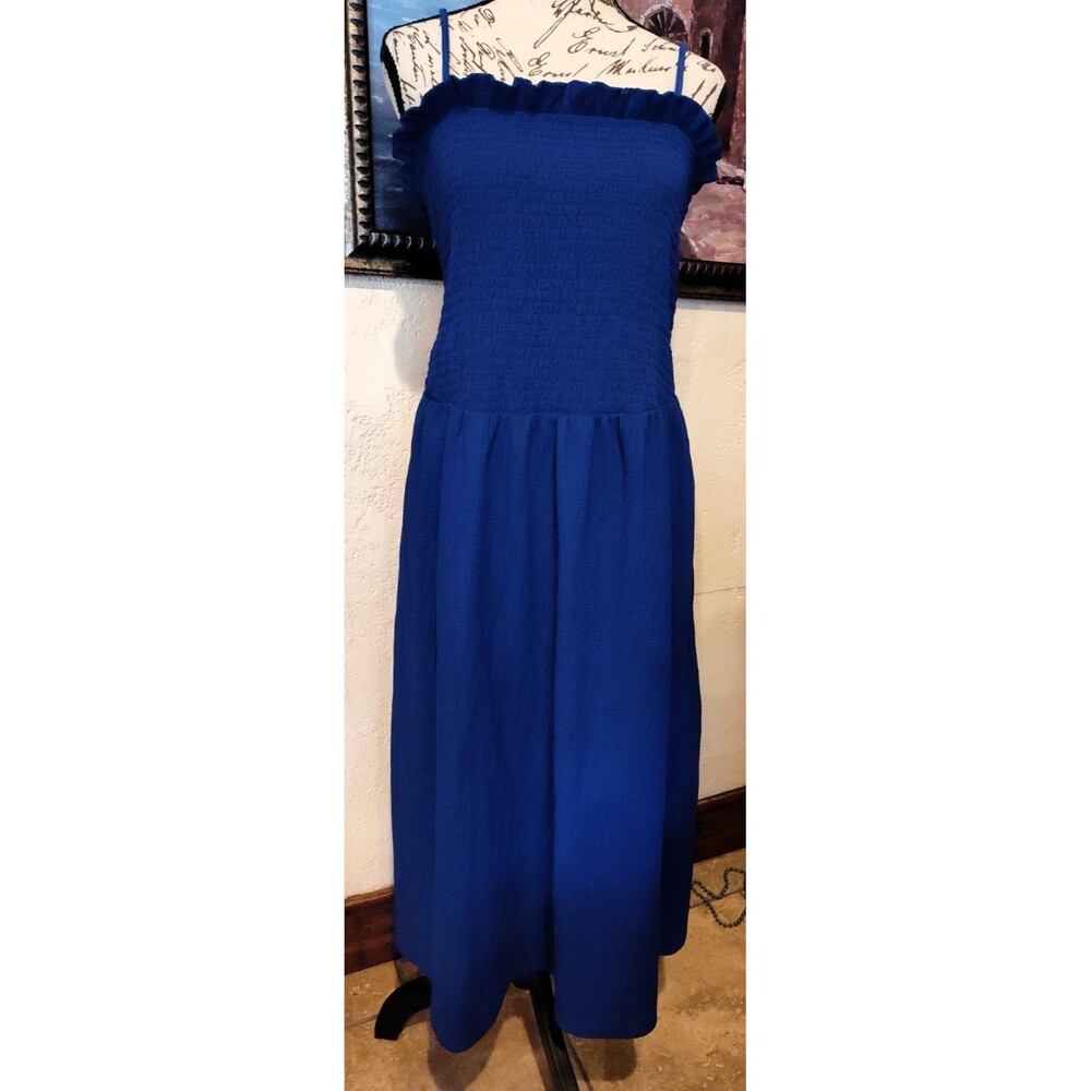 H & M Royal Blue Spaghetti Adjustable Strap Crinkle Fabric Maxi Sundress Sz XXL